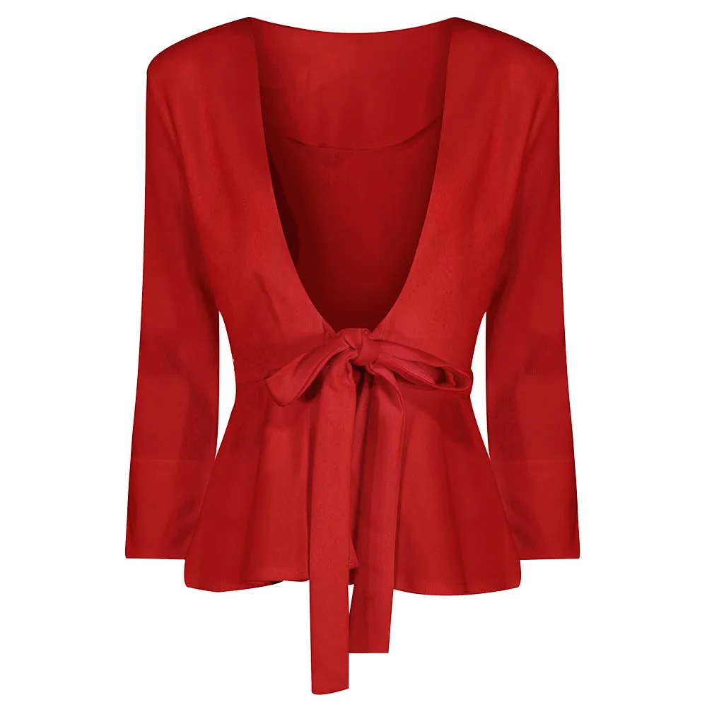 Red Long Sleeve Tie Front Jacket