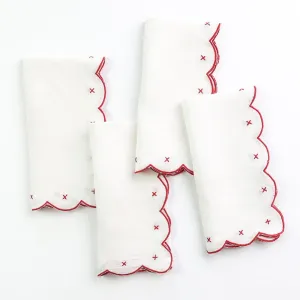 Scalloped Knot Red Embroidered Linen Napkin | Set of 4