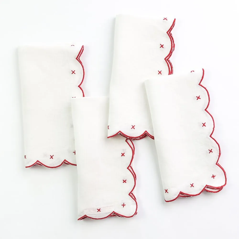 Scalloped Knot Red Embroidered Linen Napkin | Set of 4