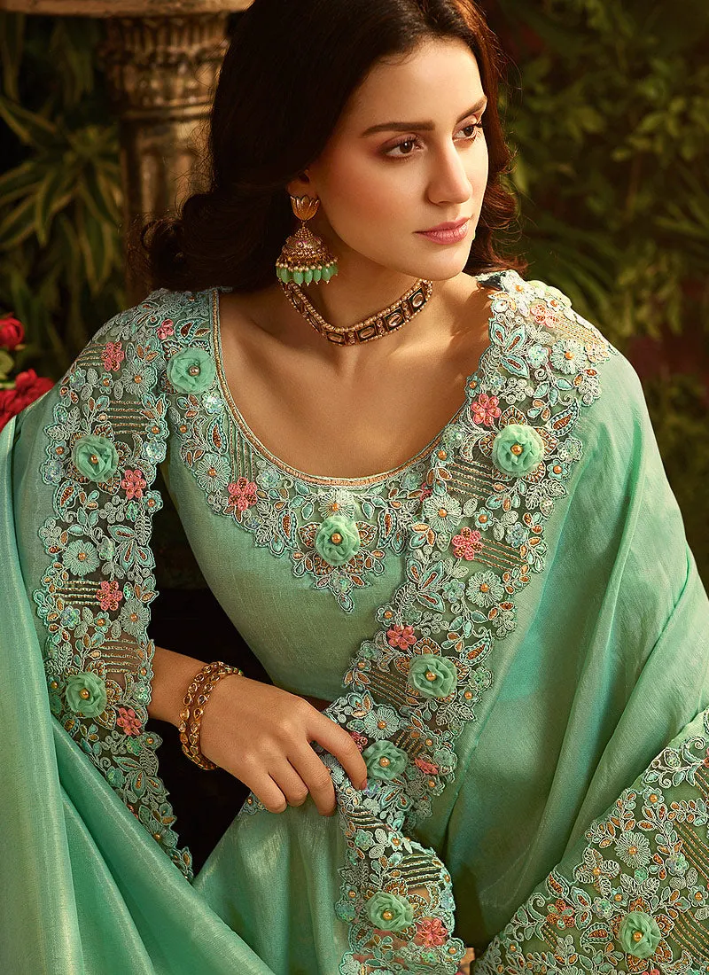 Sea Green Floral Designer Saree With Blouse