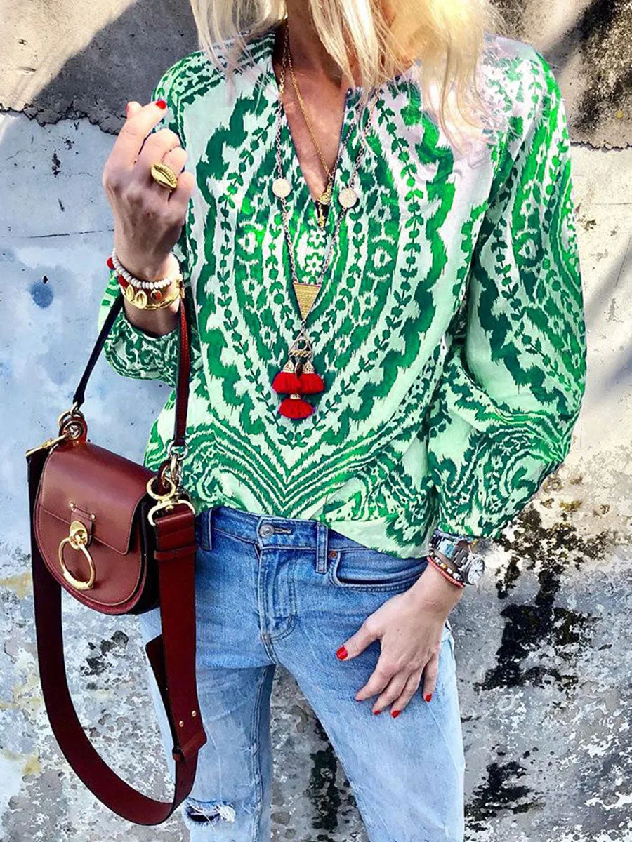 Stylish Bohemian Printed V-neck Shirt