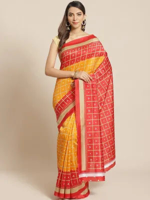 SVB Saree Yellow And Red Checks Print Saree