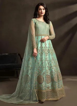 Teal Blue Designer Embroidered Anarkali Suit