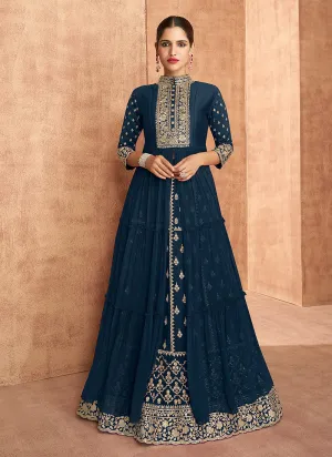 Turquoise Slit Style Embroidered Anarkali Lehenga Suit