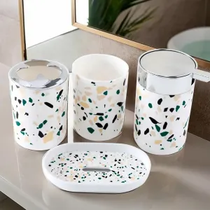 UMAI Bathroom Accessories Set | 4 Piece | Soap Dispenser for Bathroom |Tooth Brush Holder| Mouth Wash Cup | Soap Dish | for Bathroom | Attractive and Stylish Terrazzo Design | White Concrete Mix Look