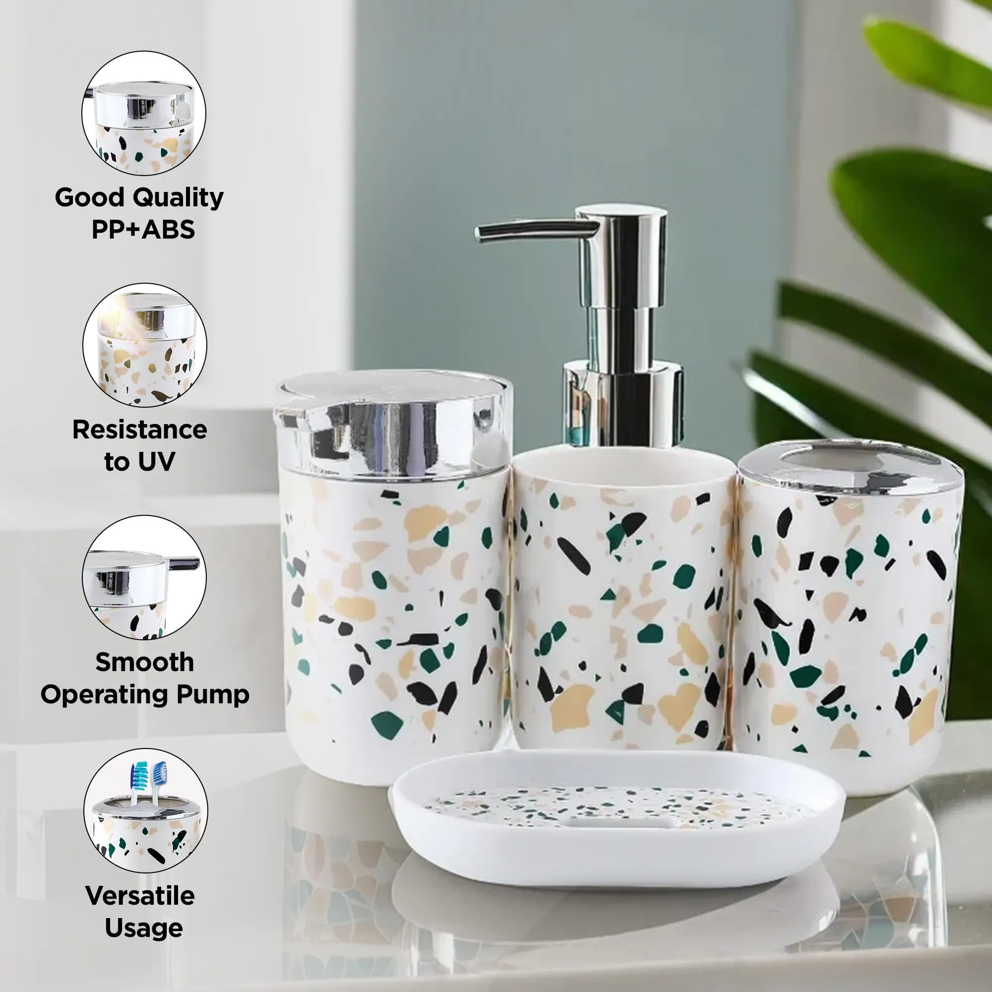 UMAI Bathroom Accessories Set | 4 Piece | Soap Dispenser for Bathroom |Tooth Brush Holder| Mouth Wash Cup | Soap Dish | for Bathroom | Attractive and Stylish Terrazzo Design | White Concrete Mix Look