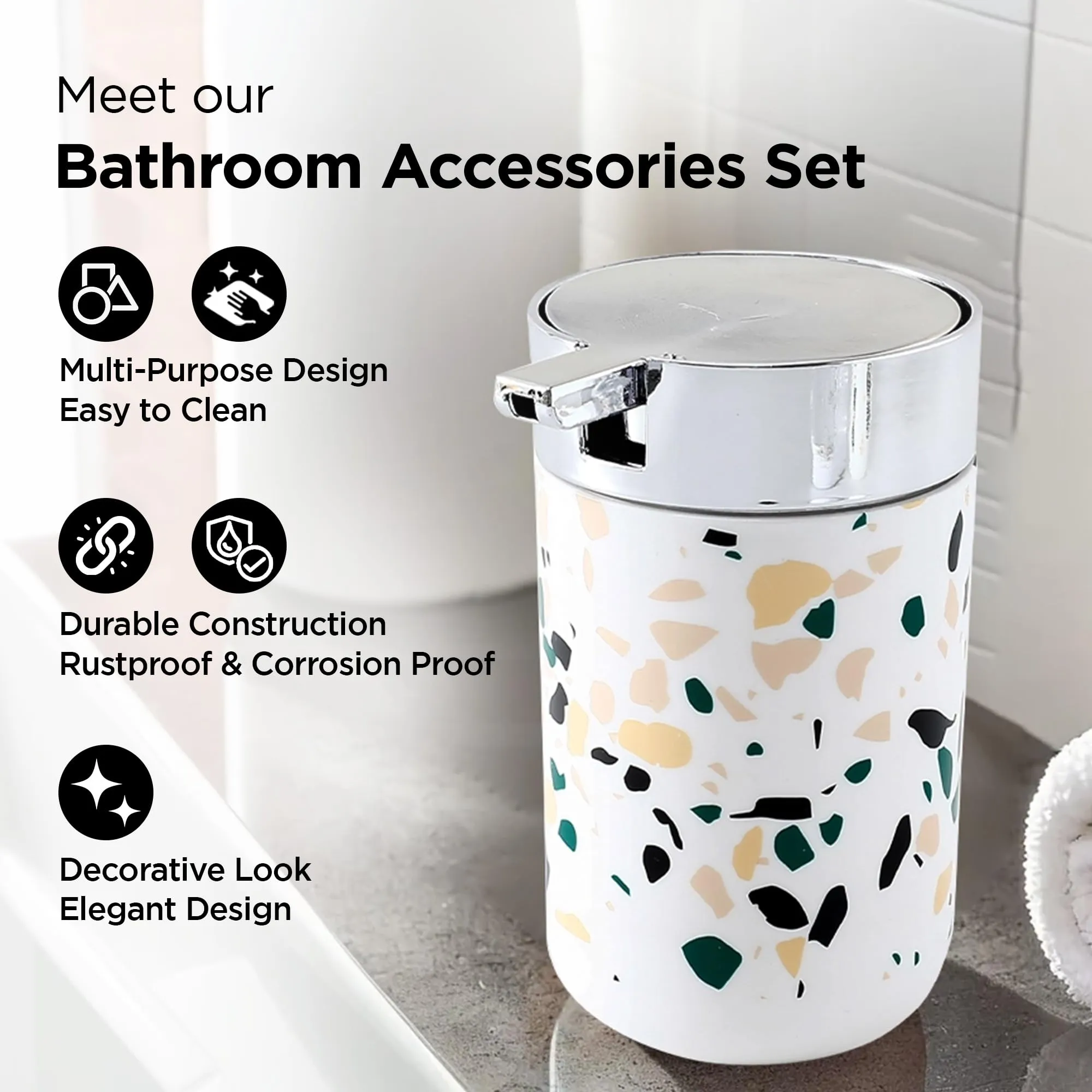 UMAI Bathroom Accessories Set | 4 Piece | Soap Dispenser for Bathroom |Tooth Brush Holder| Mouth Wash Cup | Soap Dish | for Bathroom | Attractive and Stylish Terrazzo Design | White Concrete Mix Look