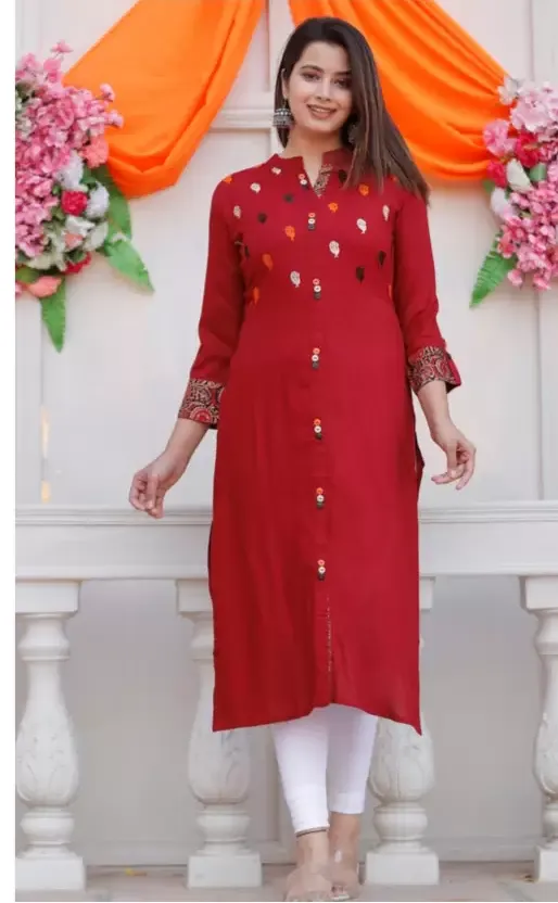 Women Embroidered Viscose Rayon Straight Kurta  (Red)