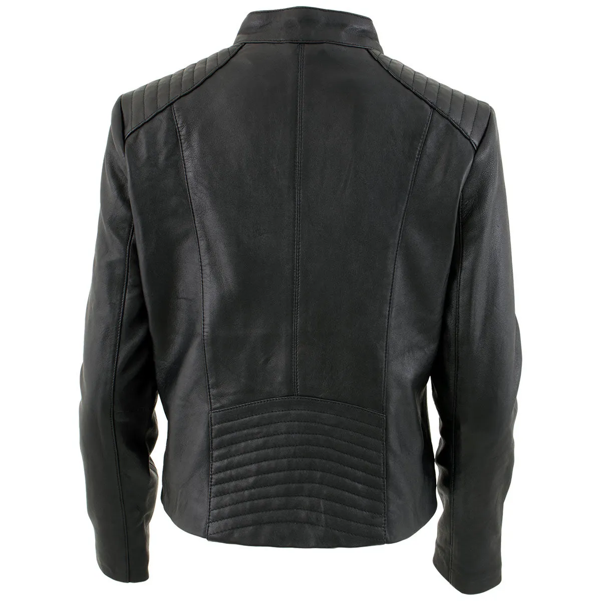 Xelement B91055 Women's ‘Keeper’ Black Leather Scuba Style Biker Jacket with Snap Mandarin Collar