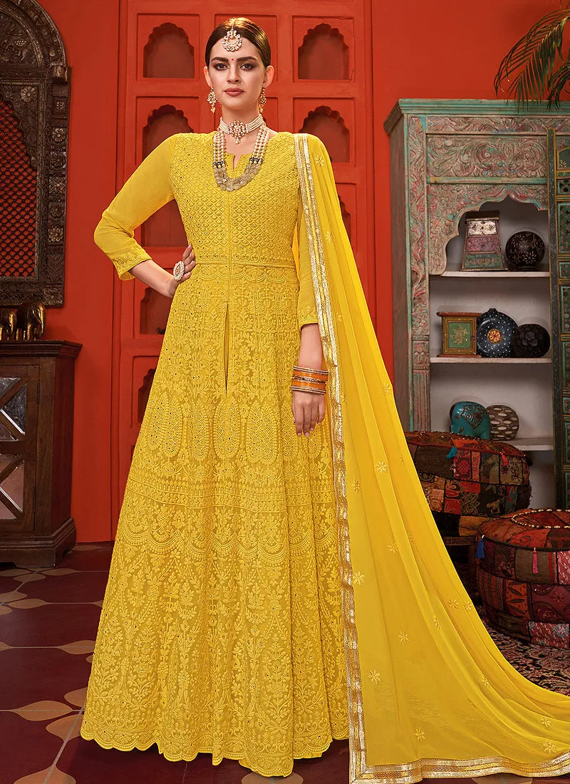 Yellow Lucknowi Embroidered Anarkali Palazzo Suit