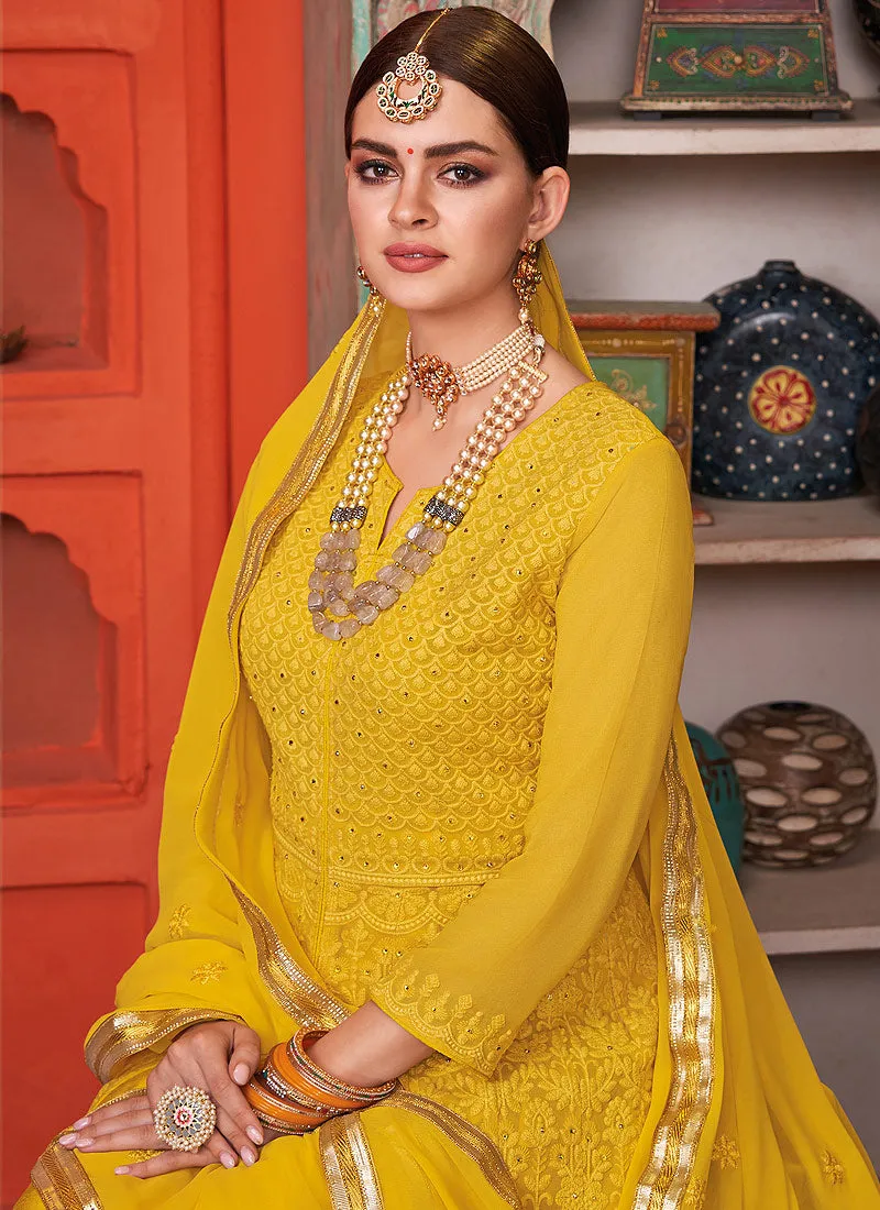 Yellow Lucknowi Embroidered Anarkali Palazzo Suit