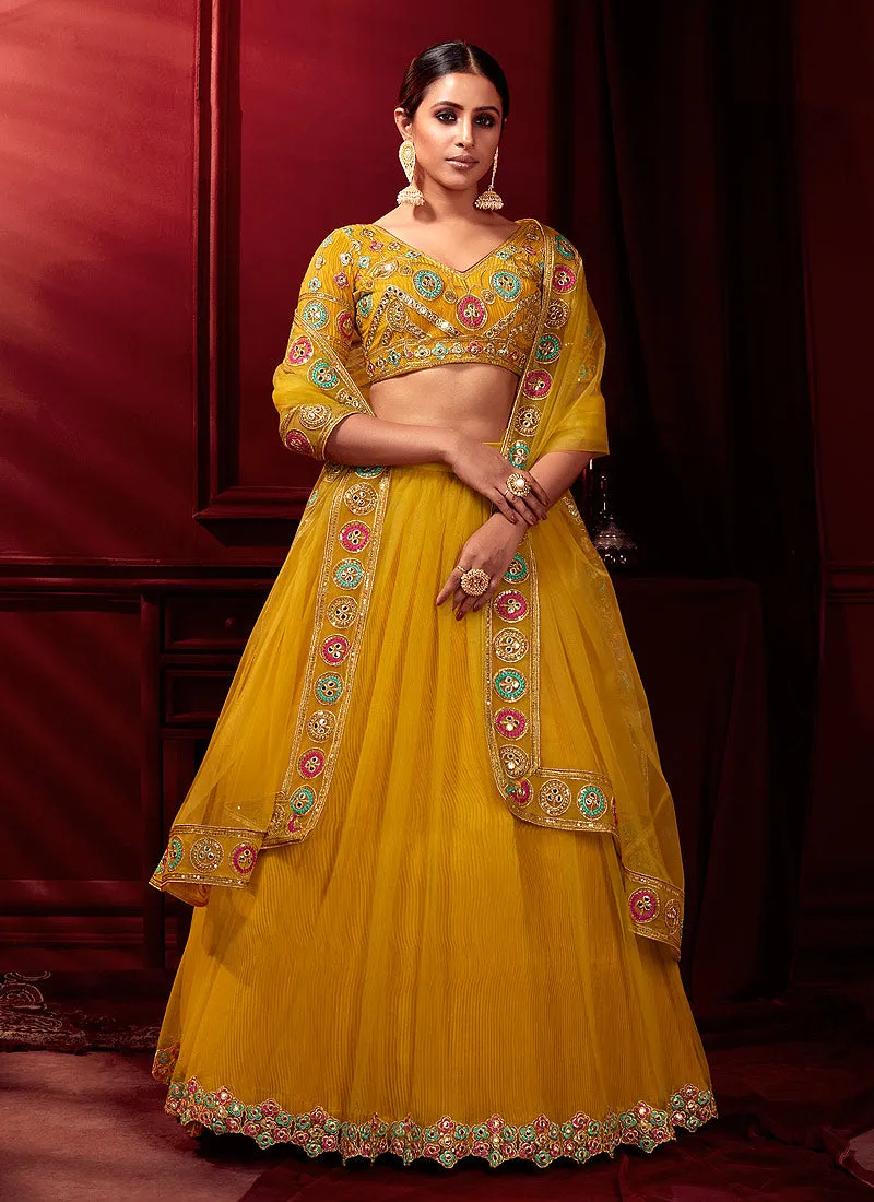 Yellow Multi Embroidered Designer Lehenga Choli With Dupatta