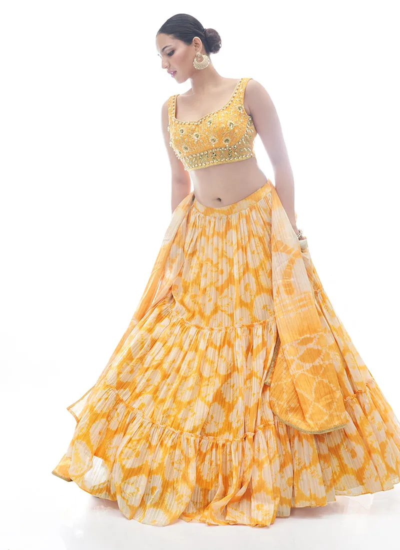 Yellow Tie Dye Embroidered Designer Lehenga Choli