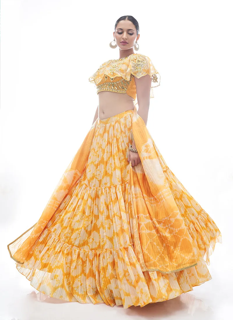 Yellow Tie Dye Embroidered Designer Lehenga Choli